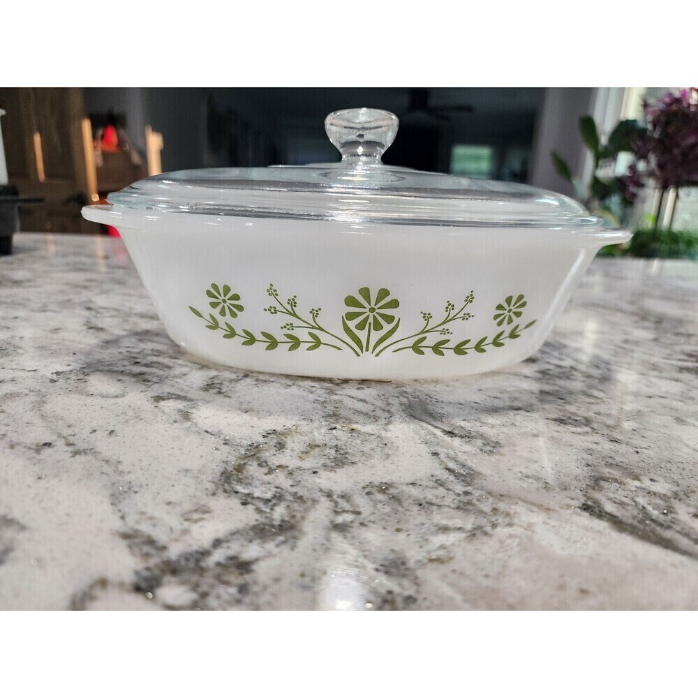 Vintage Glasbake J235 1QT Casserole Dish Green Daisy Milk Glass Oval With Lid